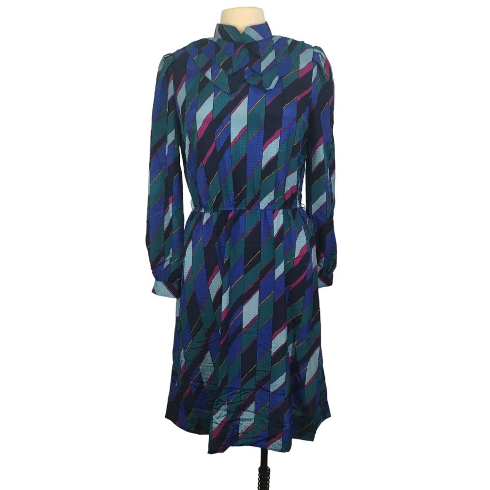 Leslie Fay Vintage 70s Blues Geometric A-Line Mock Neck Dress, Diamond Ruffle 12